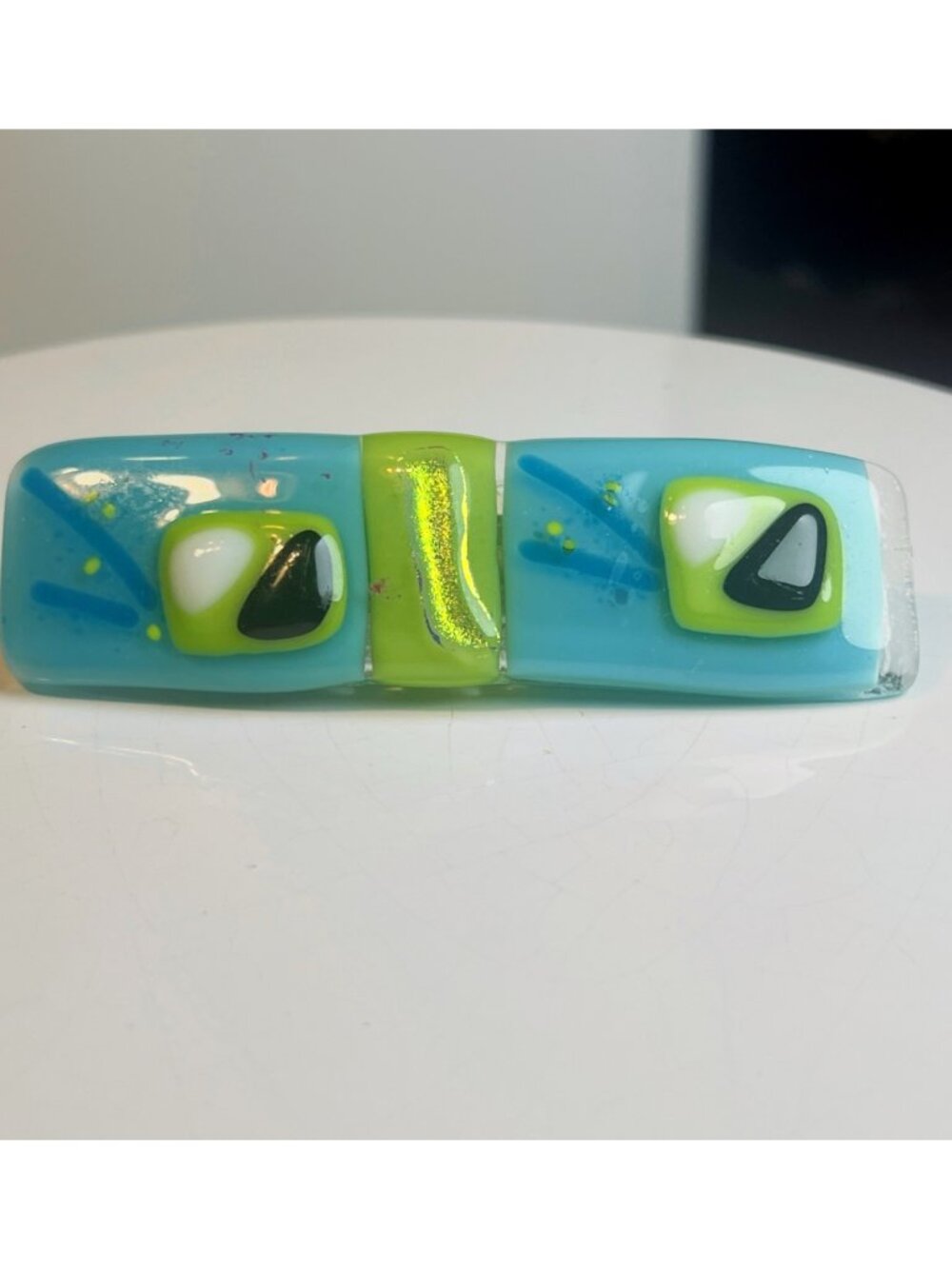 Handmade French Blue & Green Glass Hair Clip Barrette 4 Inches Made in France